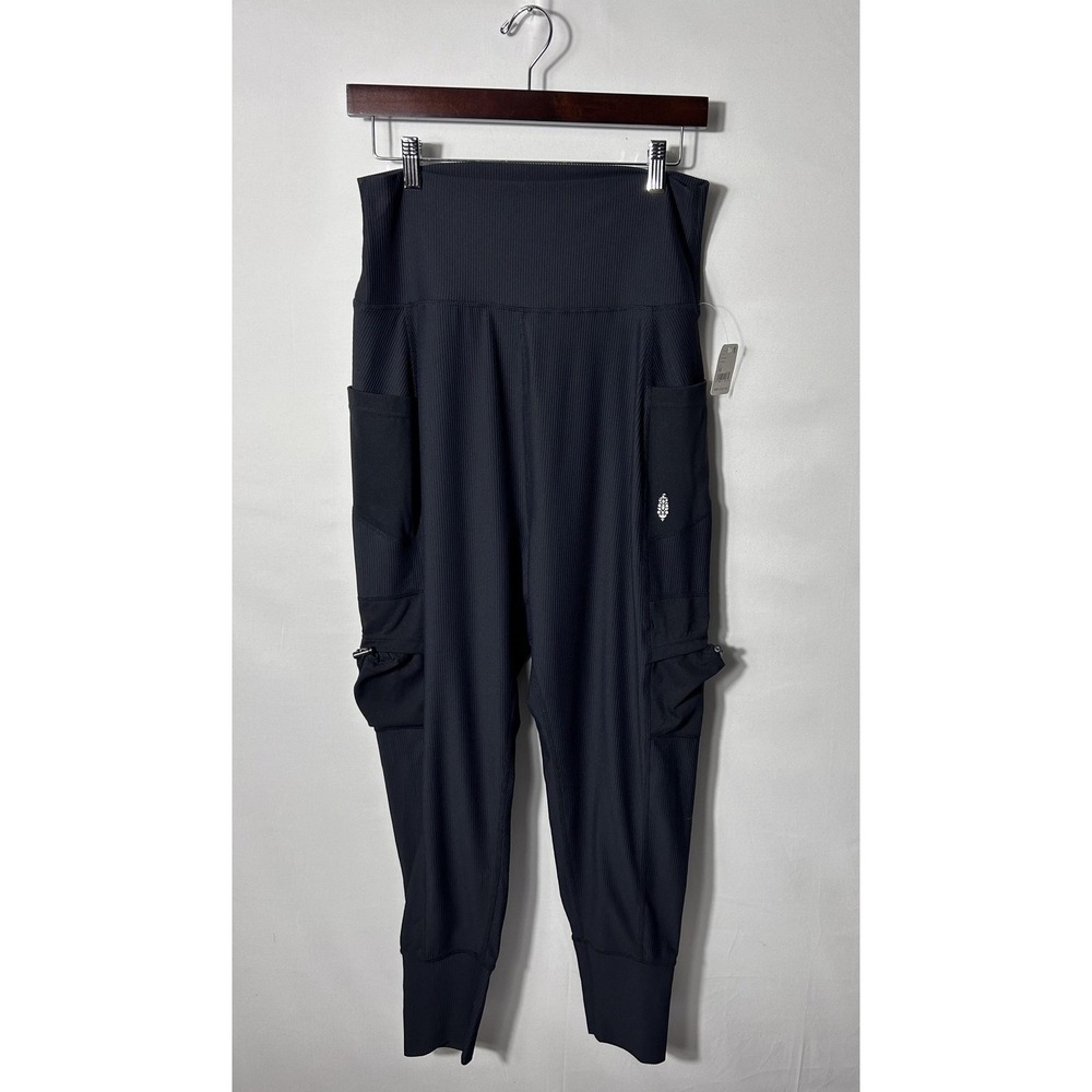 FP Movement Jogger Pants Womens Medium Black Ribbed Cargo Pockets Zip Stretch